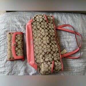 Coach Brown and Peach Shoulder Bag with Signature Monogram
